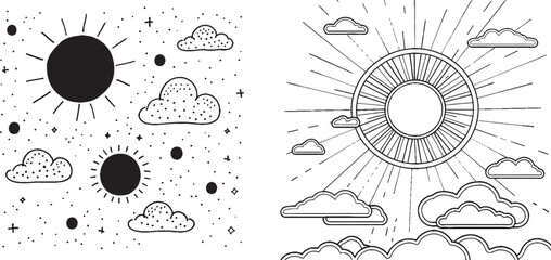 Sticker - Drawing of clouds with the sun in continuous one-line form on white background. Summer travel symbol and hot temperature.