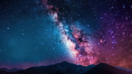 Wall Mural - vibrant night sky with glowing milky way galaxy over silhouette mountains. cosmic, ethereal beauty w