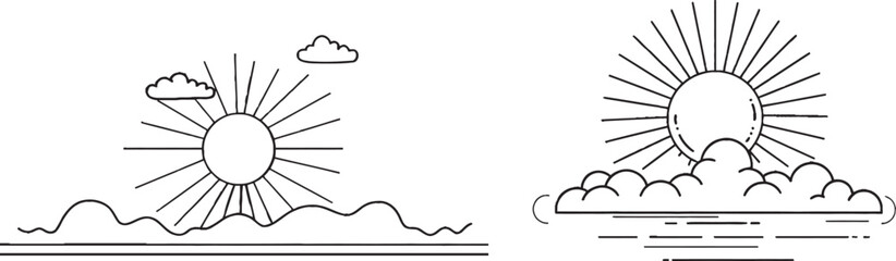 Fototapete - A continuous one line drawing of the sun and a cloud. A contour sign for the sun. A single line sketch of a sunny summer travel concept.