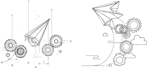 Leinwandbilder - Paper airplane with gears on continuous editable line. Concept of learning, business, teamwork, and travel.
