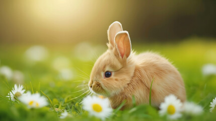 Sticker - A small red rabbit sits on a green lawn with white daisy flowers.