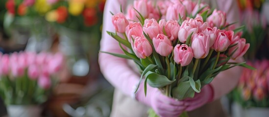 Poster - Pink Tulip Bouquet Held by an Unseen Person