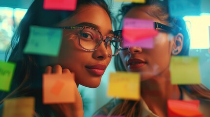 Two women standing in front of a glass wall reviewing sticky notes with important information