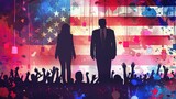 Silhouettes of two US presidential candidates, a man and a woman, standing in a patriotic setting. American flag background. Elections, debate, speech, nomination. 2024