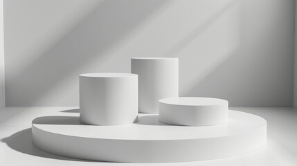 Three white cylinders of different heights on a round podium. Minimalist white background with natural lighting and shadows. Perfect for product display, branding, and packaging.