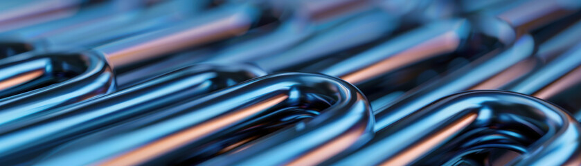 Wall Mural - close-up of shiny, polished metal pipes with a reflective, blue light effect. industrial concept wit