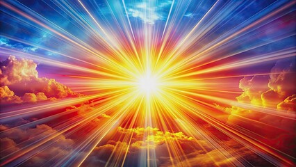 vibrant sun rays burst through the frame, radiating vibrant colors, abstract shine, and intense glow