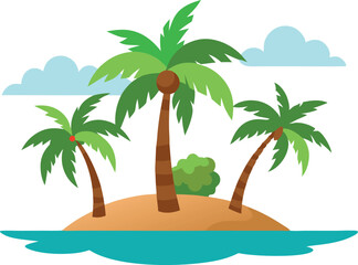 Flat design illustration of a tropical island with palm trees, blue ocean, and clouds, offering a serene vacation vibe.