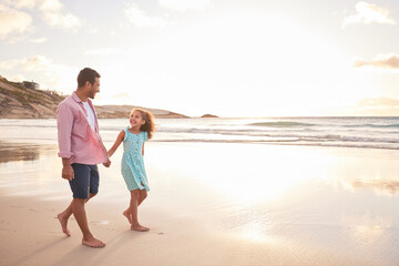 Poster - Father, walking and girl holding hands at beach in summer for relax, travel and holiday in Miami with sun. Man, child and sunset at ocean with small kid for vacation, trust and bonding by water