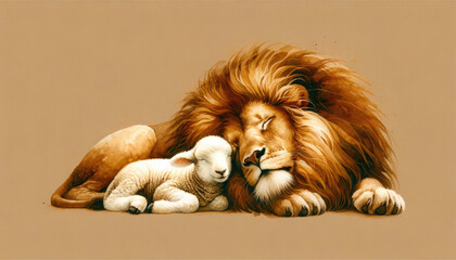 Canvas Print - Lion with lamb sleeping on a beige background.