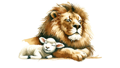 Canvas Print - Lion and lamb, digital watercolor illustration on white background.