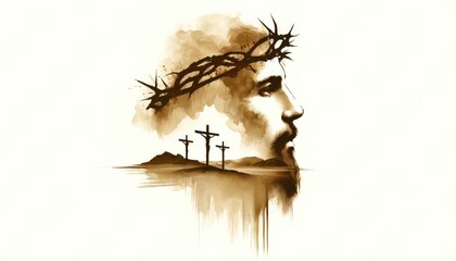 Wall Mural - Digital portrait of Jesus Christ with crown of thorns on white background. Double exposure with three crosses.