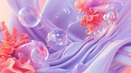 Mystical 3D abstract background with soft, flowing shapes and floating objects in light purple and coral, creating a surreal and dreamlike visual