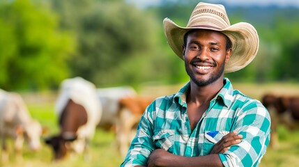 Smiling African farmer in a cowboy hat and blue white plaid shirt standing with arms crossed on a lush cattle farm with grazing cows, showcasing agricultural lifestyle and livestock.