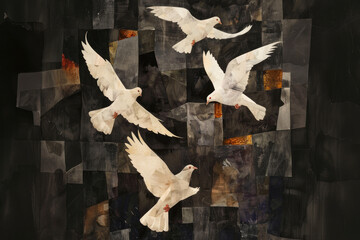 Wall Mural - Doves in the background of an abstract image of a mosaic. Digital painting.