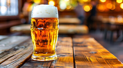 Wall Mural - Beer mug on a rustic wooden table in an outdoor Oktoberfest venue, highlighting the celebration's vibrant spirit. Copy space.