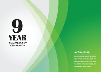 Wall Mural - 9 year anniversary celebration logotype on green background for poster, banner, leaflet, flyer, brochure, web, invitations or greeting card, 9 number design, 9th Birthday invitation, anniversary logo