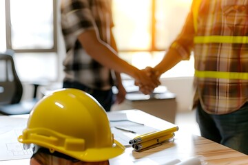 Close up of two construction workers shaking hands over an office desk with a yellow helmet and blueprints on the table, bright light coming through a window in the background.