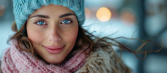 Wall Mural - Smiling Woman in a Blue Knit Hat and Pink Scarf