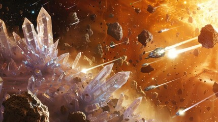 Wall Mural - a race of crystalline beings engaging in a skirmish with explorers from a distant galaxy, amidst an 