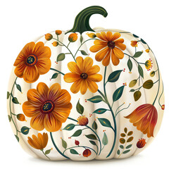 Wall Mural - IIllustration of pumpkin with  flowers in style of watercolor on white