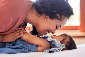 Wall Mural - Mother, baby and playing together in bedroom, laughter and bonding for connection to infant. Mama, daughter and profile of family in home for care, comfort and support of mom for growth development