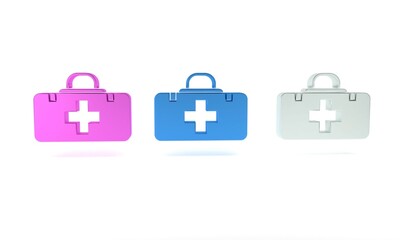 Wall Mural - Colorful First aid kit icon isolated on white background. Medical box with cross. Medical equipment for emergency. Healthcare concept. Minimalism concept. 3D render illustration