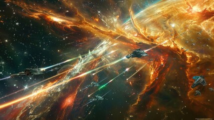 Wall Mural - A sentient nebula defending its territory against intruding starships with energy tendrils and gravitational disturbances.