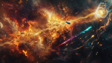 Wall Mural - A sentient nebula defending its territory against intruding starships with energy tendrils and gravitational disturbances.