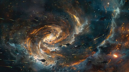 Wall Mural - A sentient nebula manipulating gravitational forces to trap enemy ships within its swirling gases during a battle.