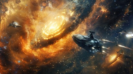 Wall Mural - A sentient nebula manipulating gravitational forces to trap enemy ships within its swirling gases during a battle.