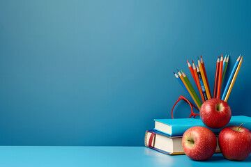 Wall Mural - Back To School blue background Graphic With Copy Space - Apples, Books, Pencils, and Chalkboard.