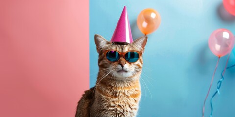 Festive Feline Celebration: Stylish Cat in Party Hat and Sunglasses for Birthday Invitations. Creative Animal Concept for Anniversary Greetings, International Cat Day, and Summer Holiday Themes. Fun P