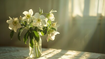 Wall Mural - White hellebores in a glass vase, illuminated by sunlight streaming through a window