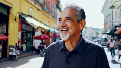 Poster - Man smiling walking on a city street