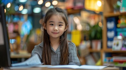 Wall Mural - A young girl is sitting at a table with a book in front of her