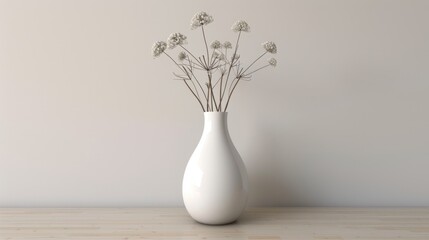 Poster - Minimalist Dried Flower Arrangement in White Vase on Wooden Table.