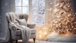 © Maftukhul - Beautiful holiday decorated room with Christmas tree, fireplace and armchair with blanket. Cozy winter scene. White interior with lights generate ai