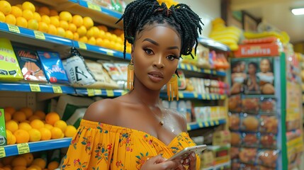 beautiful women in supermarket , grocery store background