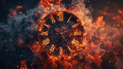 Wall Mural - Clock with fire flames instead of numbers, blending time and fire concepts.