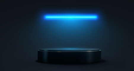 Leinwandbilder - Empty Product Display Pedestal with Neon Light. Isolated Vector 3D Black Platform with Blue Neon Lighting, Symbolizing Futuristic and Modern Presentation for Creative Projects.
