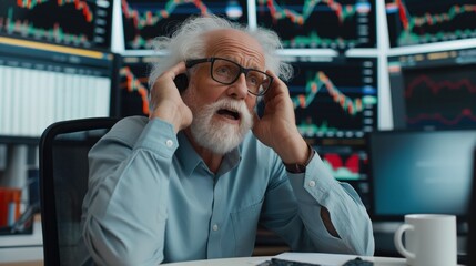 Poster - Elderly man with headphones at a desk, reacting to stock market charts on multiple computer screens in the background.