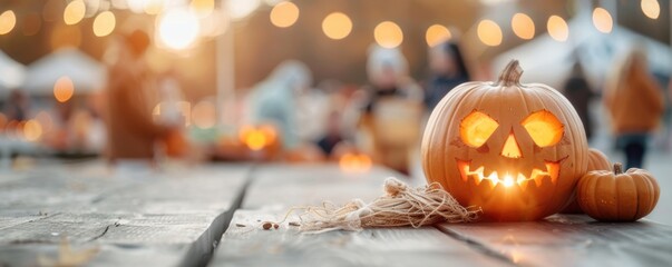 Fall festival with jackolanterns decorating booths, families enjoying games and seasonal treats, warm and inviting