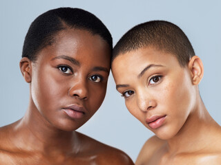 Sticker - Skincare, face and portrait of black women in studio with natural, wellness and pigmentation routine. Health, beauty and friends with glow, smooth and dermatology facial treatment by gray background.