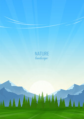 Wall Mural - mountain landscape background. green valley with trees, mountain ranges on the background of clear b