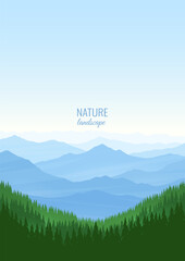 Wall Mural - Beautiful mountain landscape. High mountain ranges and dense lush forest. Design for poster, flyer, postcard, wallpaper. Concept of tourism. Vector image.