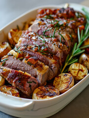 Wall Mural - Roast beef garnished with garlic and rosemary on a white platter.