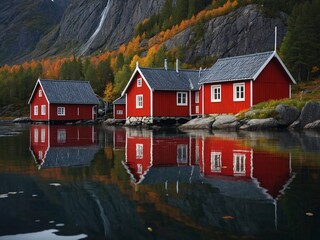 Wall Mural - Colorful Norwegian cottage in traditional red, reflecting local architecture