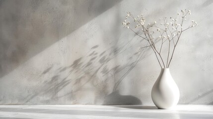 Poster - Dried Flowers in White Vase on Grey Concrete Background.