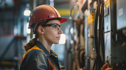 Woman Electrician looking at  Wires with Safety gear On